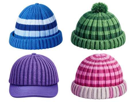 Four knitted winter hats in assorted colors and patterns