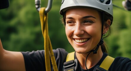 Happy Young Woman in Helmet Smiling During Outdoor Adventure Activity