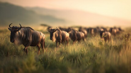 A herd of wildebeests grazes in the savanna during sunset. The animals are moving across the grassy plain, with acacia trees and distant hills in the background.
