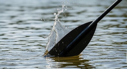Splashing Water from Paddle on Calm Lake Surface in Bright Sunlight