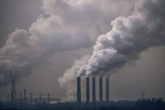Factories emitting thick smoke leading to air contamination under a cloudy smoky sky - Powered by Adobe