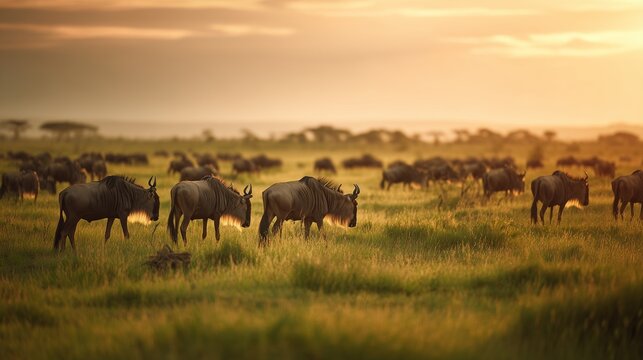 A herd of wildebeests grazes in the savanna during sunset. The animals are moving across the grassy plain, with acacia trees and distant hills in the background. - Powered by Adobe