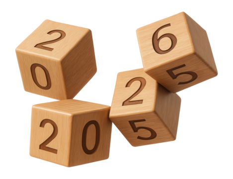 Wooden cubes displaying "2025" transitioning to "2026".