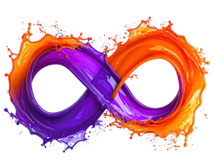 Infinity symbol formed by vibrant orange and purple paint splashes (1)