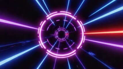 Neon hyperspace tunnel with glowing circular portal and dynamic light streaks - Powered by Adobe