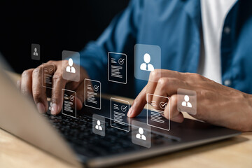 Human resource management system showing job interview and candidate resume analysis through digital interface. Ideal for recruitment platforms, applicant screening, and employee evaluation systems.