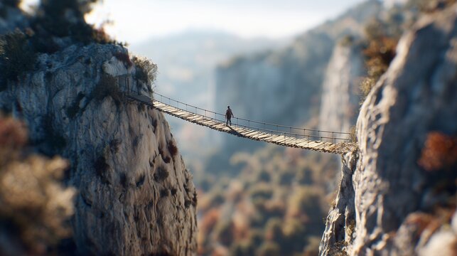 A lone hiker with a backpack walks carefully across a suspension bridge. The hiker crosses the bridge, surrounded by steep cliffs and expansive mountain views.