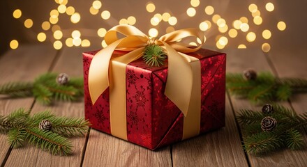 Festive Red Gift Box with Golden Ribbon Surrounded by Holiday Decor
