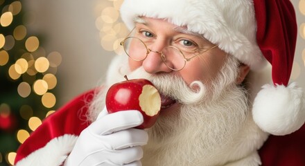 Cheerful Santa Claus Enjoying an Apple During the Festive Season