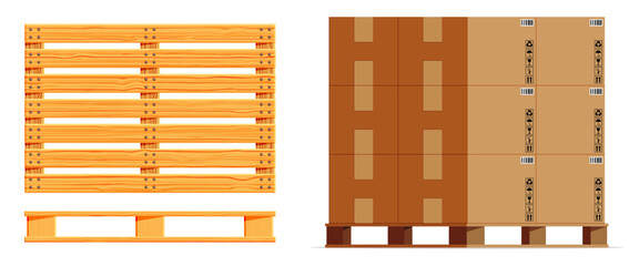 Empty and loaded wooden pallet with carton boxes. Cargo and delivery concept. Freight and warehouse equipment for shipping goods.