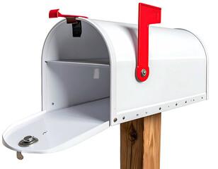 White mailbox with red flap, open, and interior compartments