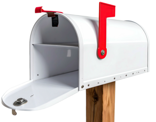 White mailbox with red flap, open, and interior compartments