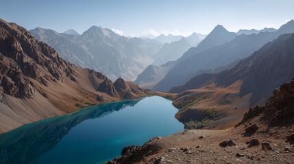 Fototapeta premium The mountain lake sits between rugged mountain slopes, reflecting the surrounding mountain peaks. The lake and rocky terrain extend towards distant layered mountain ranges.