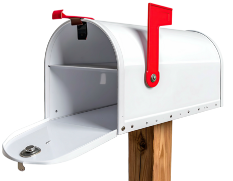 White mailbox with red flap, open, and interior compartments