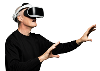 Mature man png mockup experiencing VR entertainment technology
