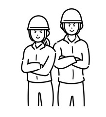 若い土木作業員の男性と女性がキリリとした表情のイラスト　線画のみ