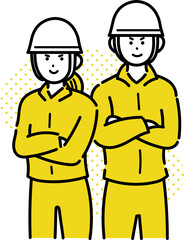 若い土木作業員の男性と女性がキリリとした表情のイラスト