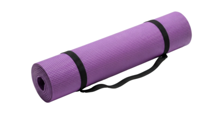 Rolled up purple yoga mat with carrying strap isolated PNG with Transparent Background