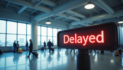 Airport Terminal Display Board - Digital Red Delayed Sign with Blurred Passengers for Travel Disruption Alerts and Aviation Delay Illustrations