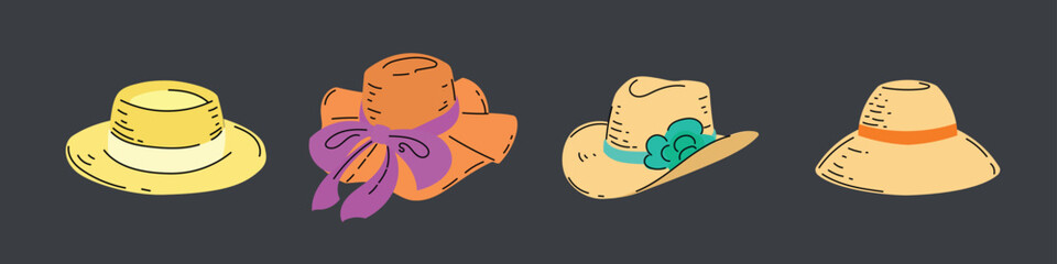 Beach straw summer women hats set. Modern flat design headwear collection. Vector illustrations.