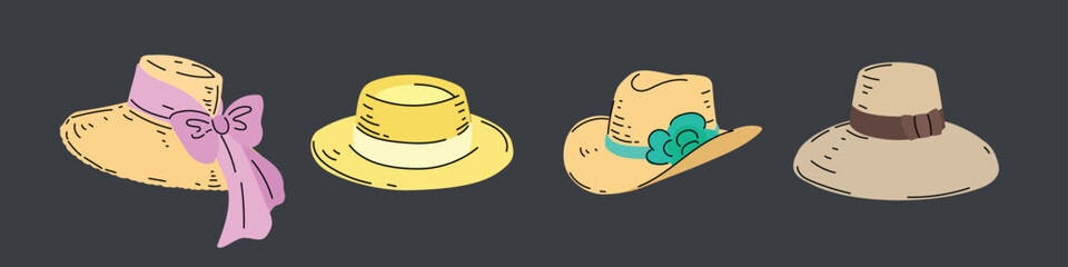 Beach straw summer women hats set. Modern flat design headwear collection. Vector illustrations.