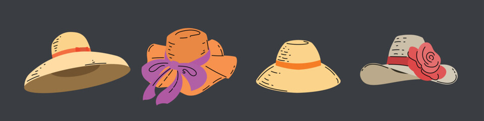 Beach straw summer women hats set. Modern flat design headwear collection. Vector illustrations.