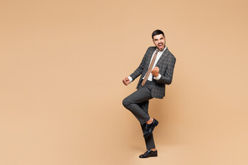 Full body young happy successful employee business man corporate lawyer wear classic formal grey...