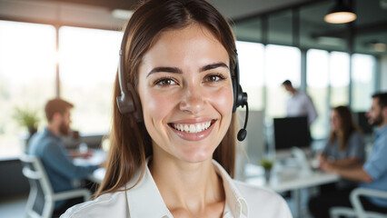 Professional Customer Service Representative - Smiling Female Call Center Agent in Modern Office for Corporate Communication and Business Support Services
