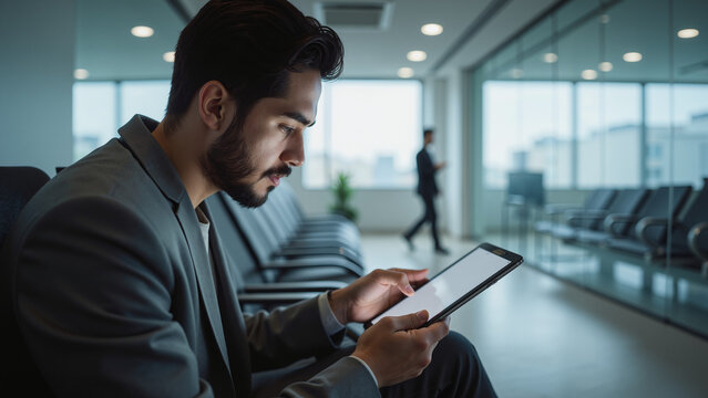 Business Professional Using Digital Tablet in Airport Lounge – Man with Beard in Waiting Area with Digital Device for Corporate Travel, Technology Interface, and Modern Lifestyle Imagery - Powered by Adobe