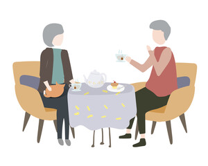 Old couple having tea png clipart, transparent background