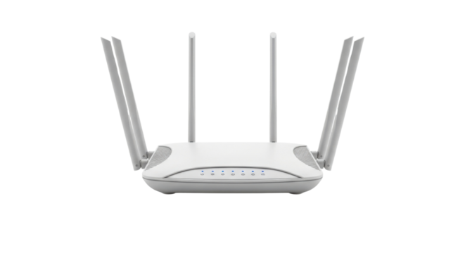 White wireless internet router with four antennas isolated PNG with Transparent Background
