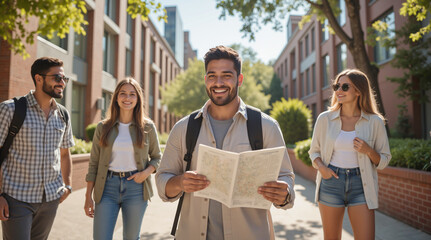 Student Group Exploring Urban Campus – Young Travelers with Backpacks for Educational Travel and University Lifestyle Blogs