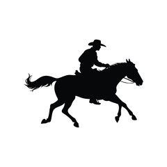 Silhouette of a cowboy riding a horse at full gallop on white, horse and rider in rodeo black silhouette vector illustration