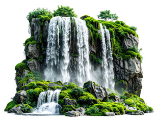 Lush waterfall cascading down mossy rocks
