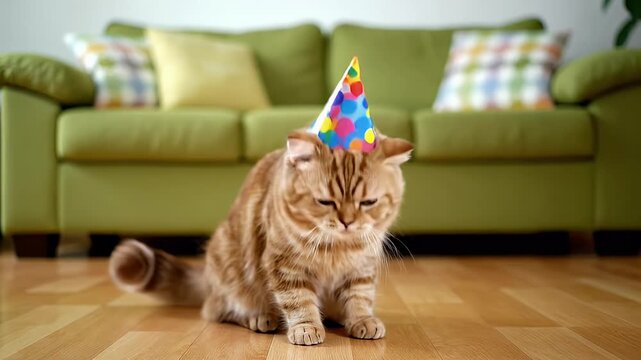Adorable tabby cat wearing a colorful polka dot party hat, looking unamused while sitting on a wooden floor in a cozy home.