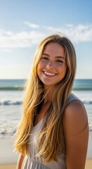 Joyful moment: A woman's radiant smile against the backdrop of a calm sea
