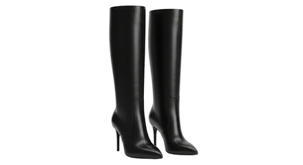 Pair of high heeled black leather knee high boots isolated PNG with Transparent Background