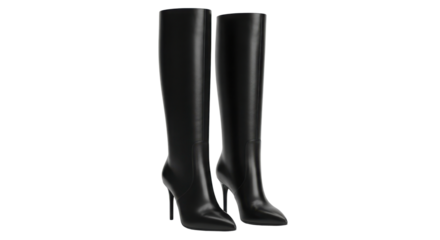 Pair of high heeled black leather knee high boots isolated PNG with Transparent Background