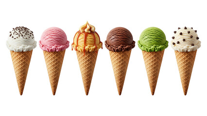 Six delicious ice cream cones in assorted flavors and toppings ready to enjoy