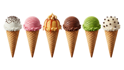 Six delicious ice cream cones in assorted flavors and toppings ready to enjoy