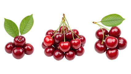 Three bunches of ripe red cherries with green leaves isolated on black