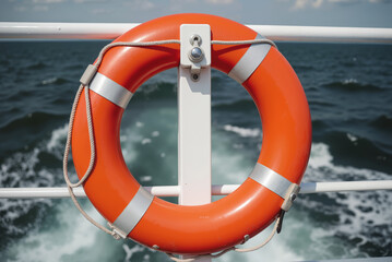 Maritime Rescue Equipment – Orange Life Buoy with Rescue Rope on Ship Deck for Water Safety, Emergency Preparedness, and Coast Guard Day Awareness