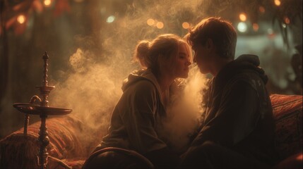 Fototapeta premium A man and woman sit closely, with smoke from a hookah drifting around them. The hookah emits smoke as the man and woman relax in a warm, ambient setting.