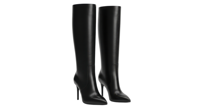 Pair of high heeled black leather knee high boots isolated PNG with Transparent Background