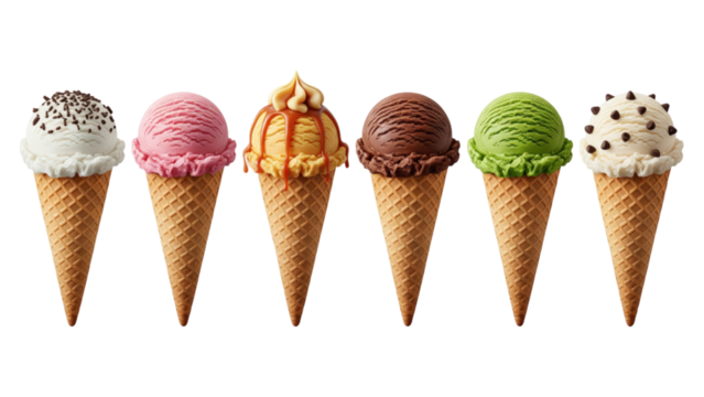 Six delicious ice cream cones in assorted flavors and toppings ready to enjoy