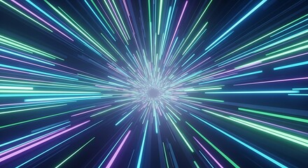 Abstract background of a high-speed light tunnel with glowing neon lines in blue, green, and purple, creating a futuristic warp effect.