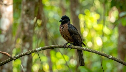 A Black-headed Bird with Brown Plumage Perches on a Mossy Branch in a Vibrant Green Forest