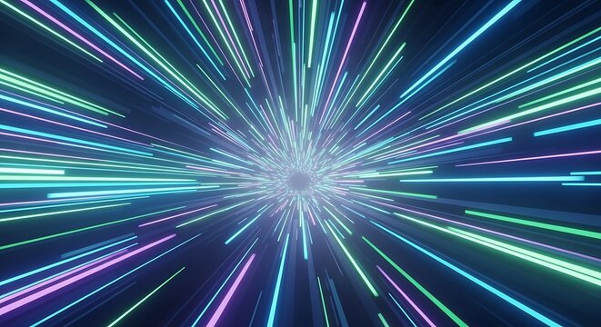Abstract background of a high-speed light tunnel with glowing neon lines in blue, green, and purple, creating a futuristic warp effect. - Powered by Adobe