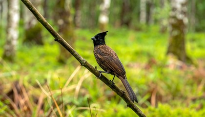 A Crested Brown Bulbul Perched Calmly on a Mossy Branch Amidst a Lush Green Forest