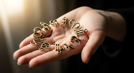 Golden zodiac signs arranged on a hand, representing astrology and the horoscope, symbolizing fate, destiny, and cosmic influences in life